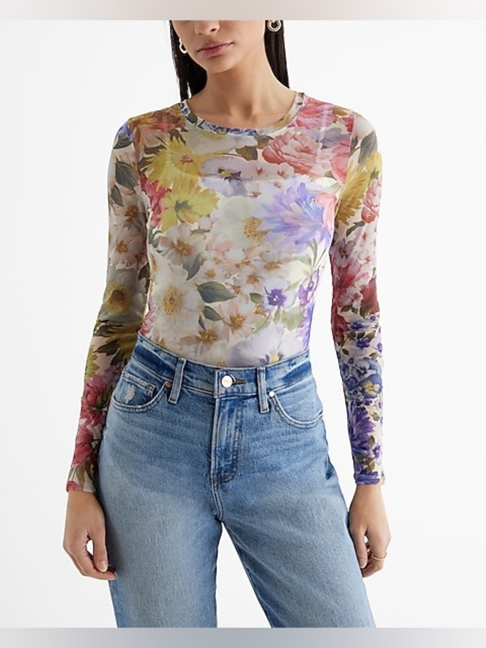 Express Fitted Floral Mesh Bodysuit